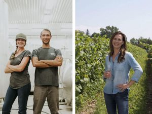 Three people standing in a winery for Taste and Tour event at Sandbanks Winery