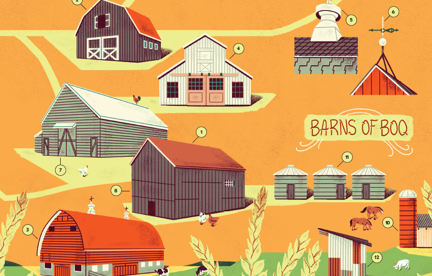 Illustrations of barn types and accessories on an orange background with the title "Barns of Bay of Quinte."