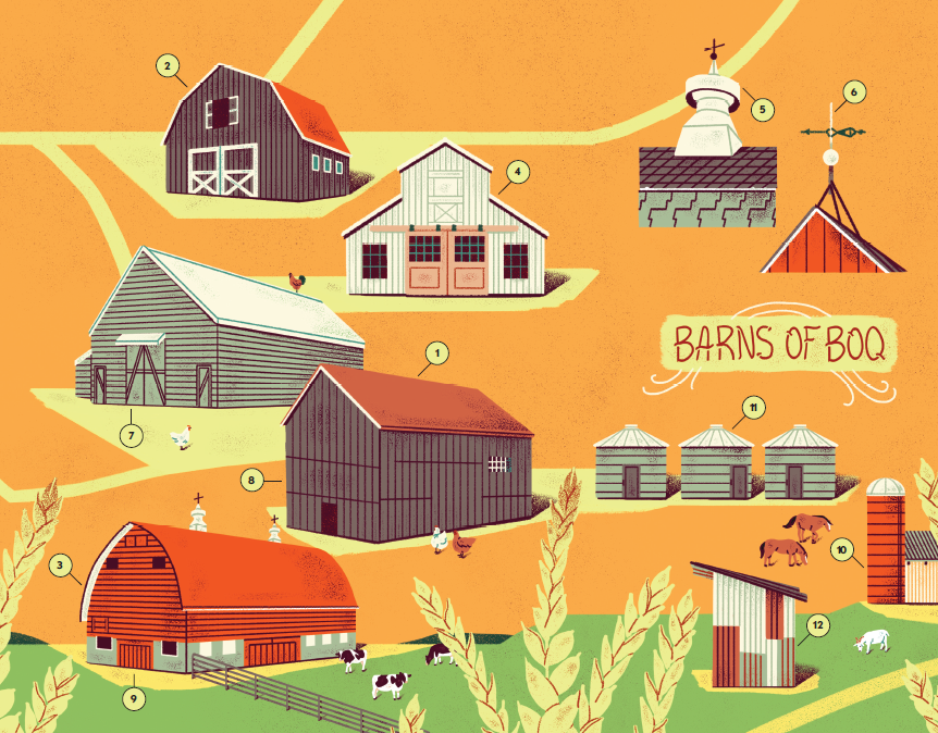 Illustrations of barn types and accessories on an orange background with the title "Barns of Bay of Quinte."