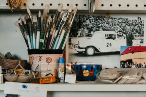 Artist tools on a shelf at the Millside Ceramic studio.