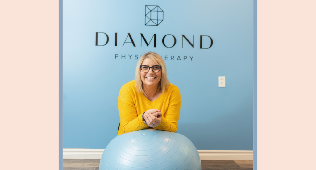 A woman leaning on an exercise ball in front of a blue wall with text: Diamond Physiotherapy