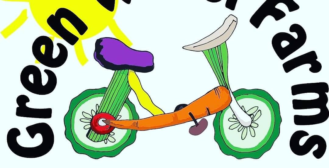 Text: Green Wheel Farms Bicycle Powered Urban Farming