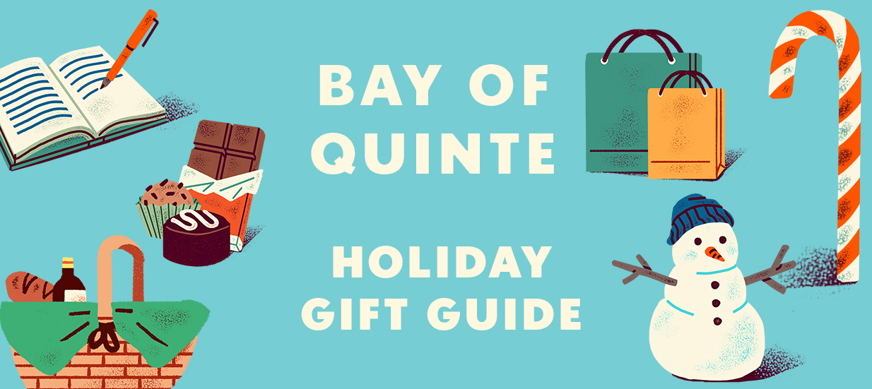 A blue background with illustrated images of chocolate, a snowman, candy cane and shopping bags, with text in the middle: Bay of Quinte Holiday Gift Guide