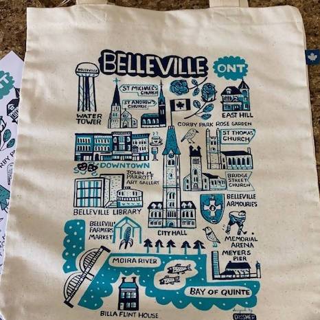 A canvas tote bag with blue illustrations of icons in the city of Belleville. We asked three locals to share their picks for gifts from local businesses! Head to our blog for our Bay of Quinte Holiday Gift Guide.