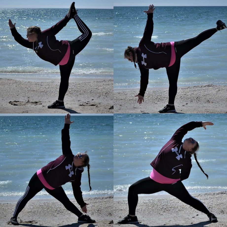 Four images, each of a person doing a yoga pose on a beach.