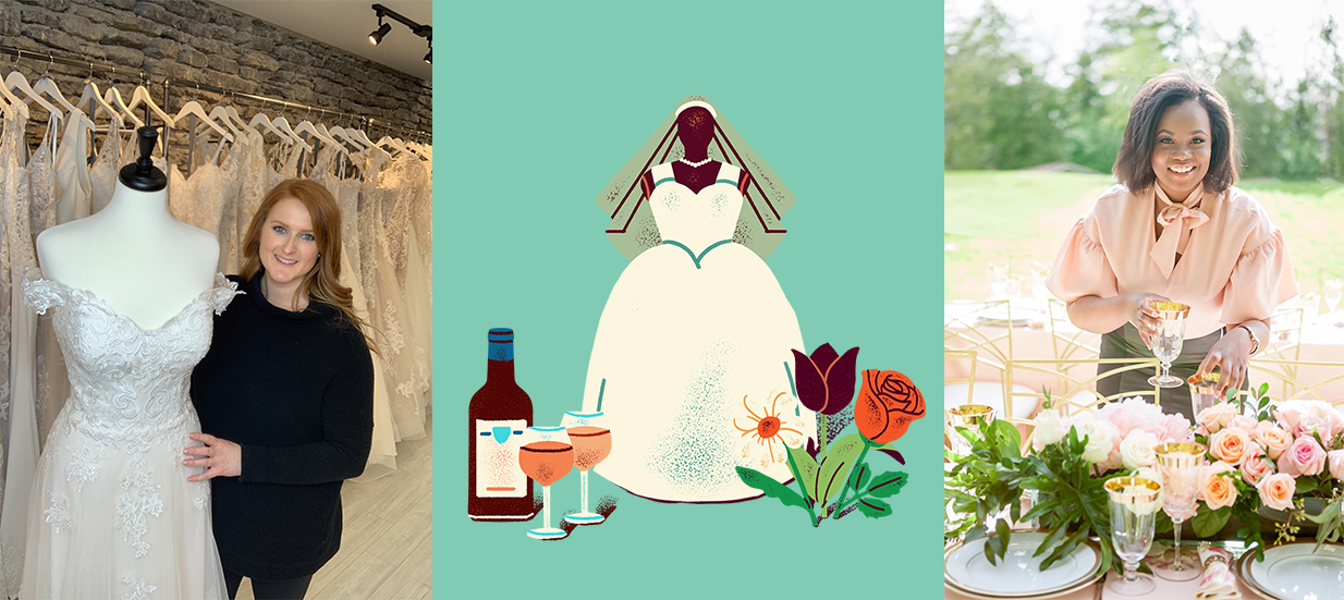 Three images side by side. A person standing next to a mannequin in a wedding dress. Illustration of a wedding dress, wine and flowers. A person standing outside behind a table with flowers.