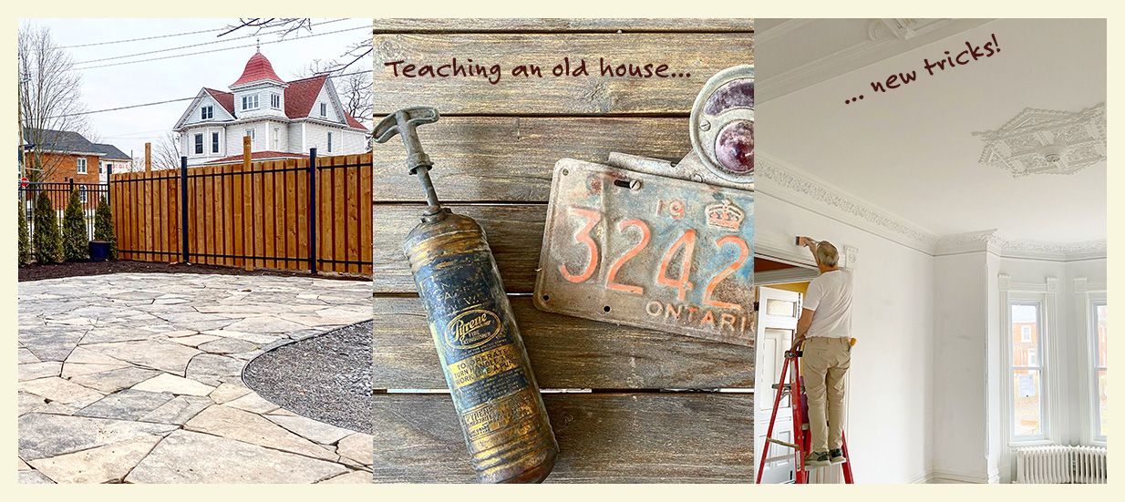 Three photos side by side. A stone patio with shrubs and a fence. An old fire extinguisher and vintage licence plate. A person on a ladder painting a white room.