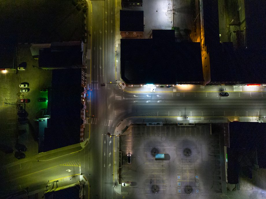 Aerial photo of city streets in downtown Brighton.