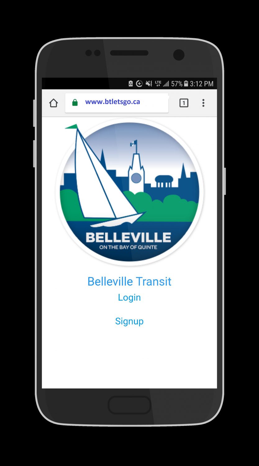 A black cellphone. On the screen there is a white background, logo for the City of Belleville and text below: Belleville Transit, log in or sign up.