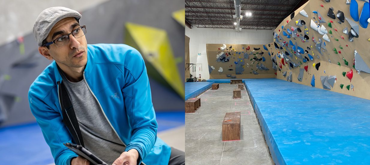 Two images side by side. A person wearing a white hat and a blue jacket crouching down. A bouldering gym with climbing walls.