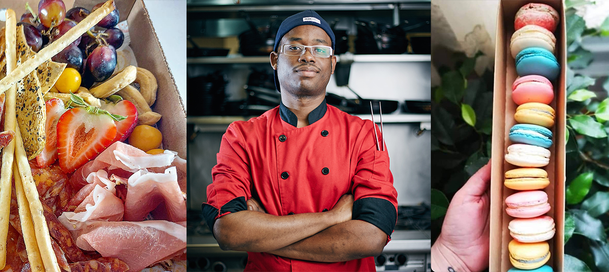 Three images side by side: a charcuterie box, Chef Ralph of Creative Culinary Delightsstanding in a kitchen, a hand holding a box of macarons.