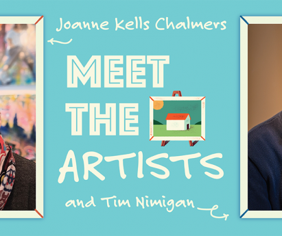 MEET THE ARTISTS on a blue background with headshots of Joanne Kells Chalmers and Tim Nimigan