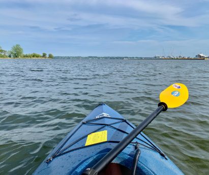 View from a kayak paddling on the Trent River looking toward the Bay of Quinte in the summer in Quinte West