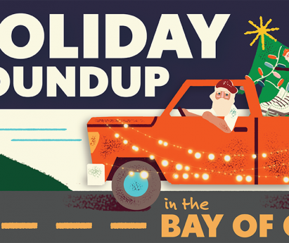 Graphic that reads: holiday roundup in the Bay of Quinte. There's a snowman and a red pickup truck decorated with string lights, candy canes and a tree