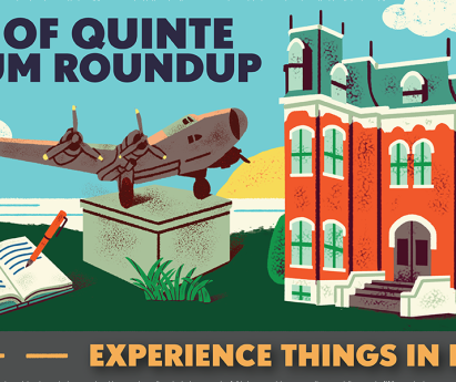 illustrative icons of an airplane, historical plaque and old building with text that reads: A BAY OF QUINTE MUSEUM ROUNDUP: EXPERIENCE THINGS IN REAL LIFE